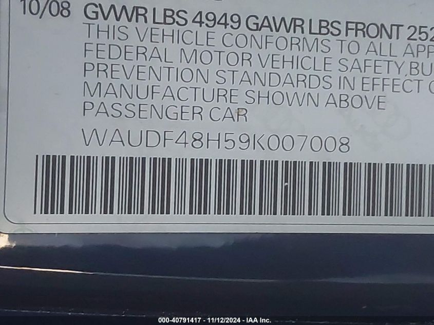 2009 Audi A4 2.0T Special Edition VIN: WAUDF48H59K007008 Lot: 40791417