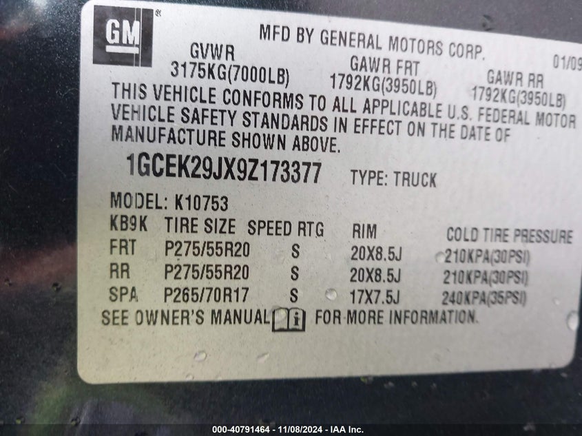 2009 CHEVROLET SILVERADO 1500 VIN: 1GCEK29JX9Z173377