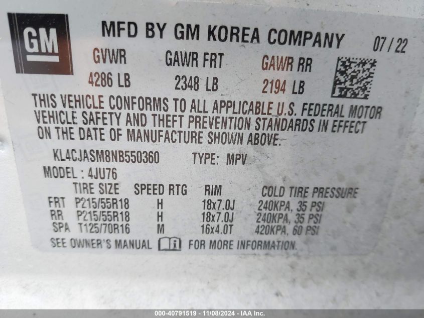 2022 Buick Encore Fwd Preferred VIN: KL4CJASM8NB550360 Lot: 40791519