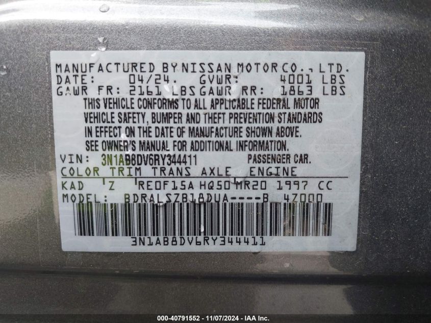 2024 Nissan Sentra Sr Xtronic Cvt VIN: 3N1AB8DV6RY344411 Lot: 40791552