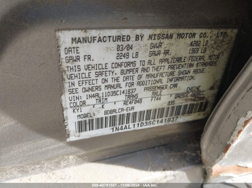 2005 Nissan Altima 2.5 S VIN: 1N4AL11D35C141837 Lot: 40791557