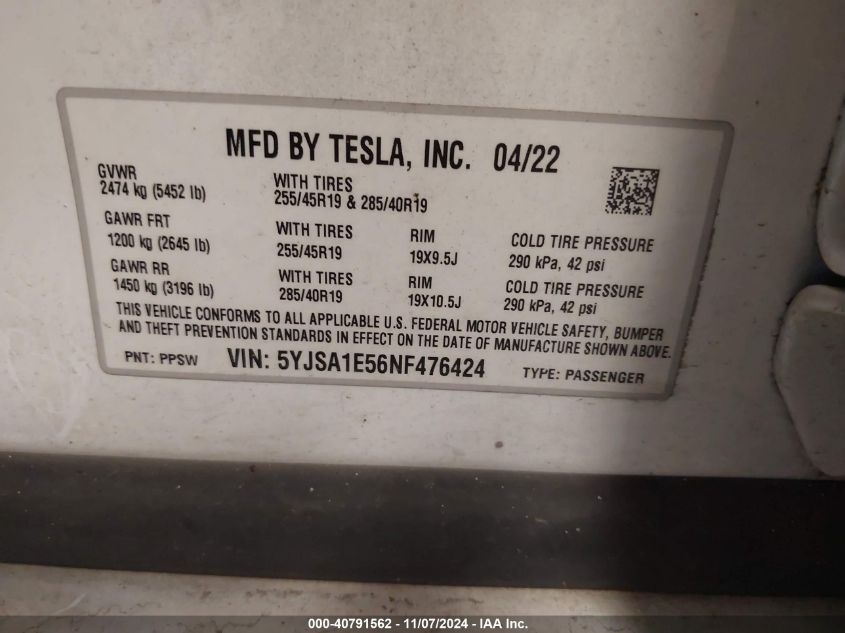 2022 Tesla Model S Dual Motor All-Wheel Drive VIN: 5YJSA1E56NF476424 Lot: 40791562