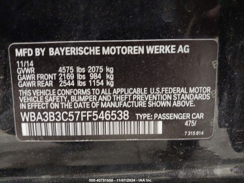 2015 BMW 328I xDrive VIN: WBA3B3C57FF546538 Lot: 40791658