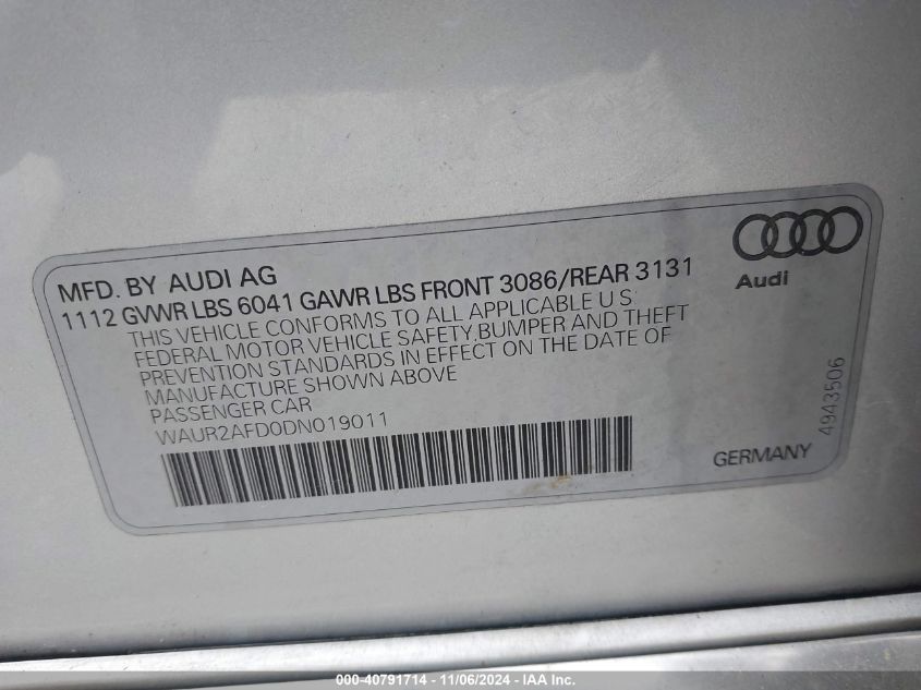 2013 Audi A8 L 4.0T VIN: WAUR2AFD0DN019011 Lot: 40791714