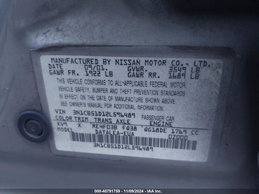 2002 Nissan Sentra Gxe VIN: 3N1CB51D12L596489 Lot: 40791759