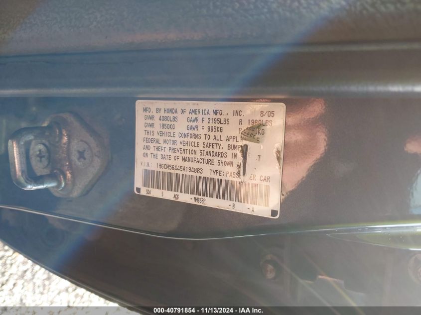 2005 Honda Accord VIN: IHGCM56445A194883 Lot: 40791854