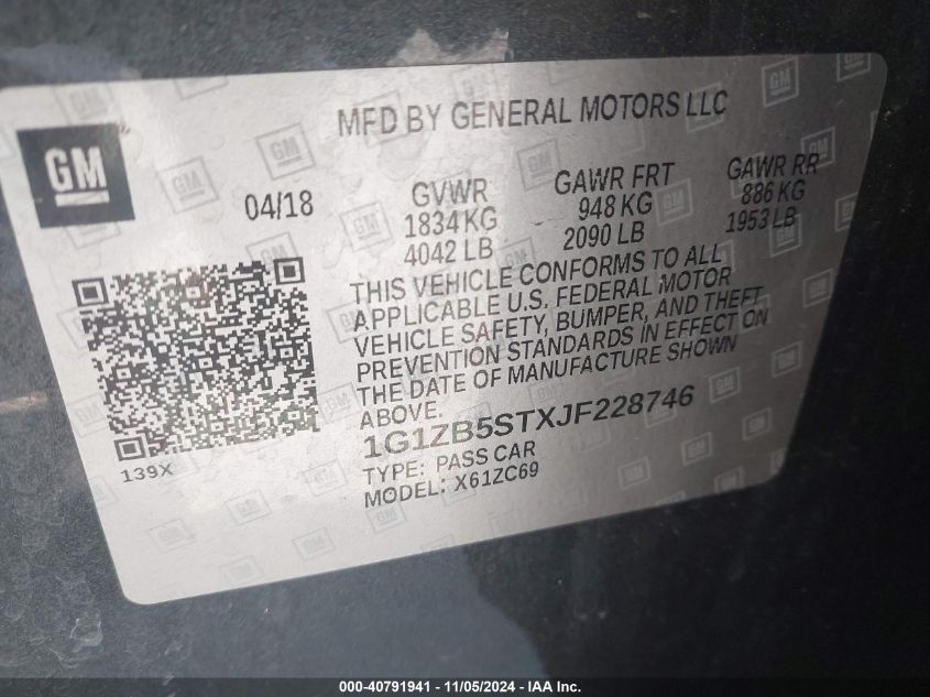 VIN 1G1ZB5STXJF228746 2018 CHEVROLET MALIBU 1LS