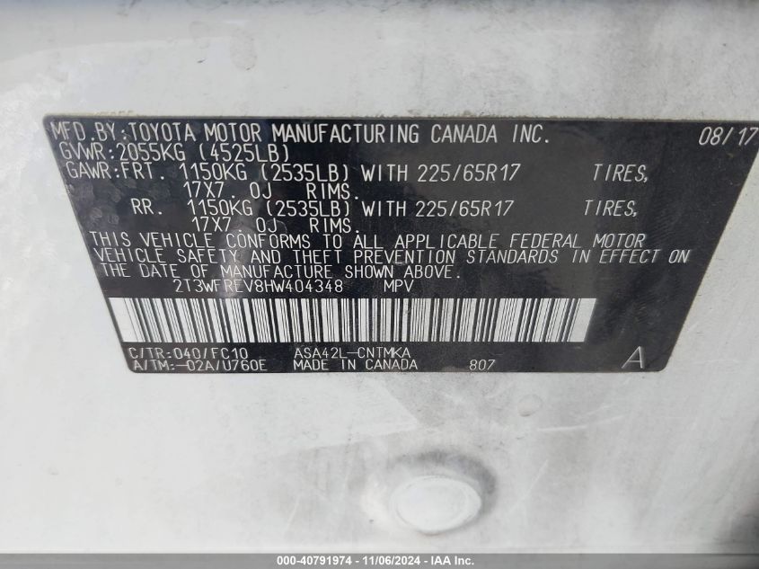 VIN 2T3WFREV8HW404348 2017 TOYOTA RAV4 XLE