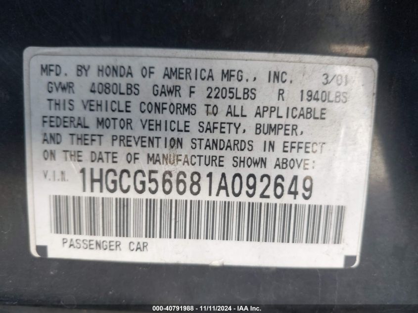 2001 Honda Accord 2.3 Ex VIN: 1HGCG56681A092649 Lot: 40791988