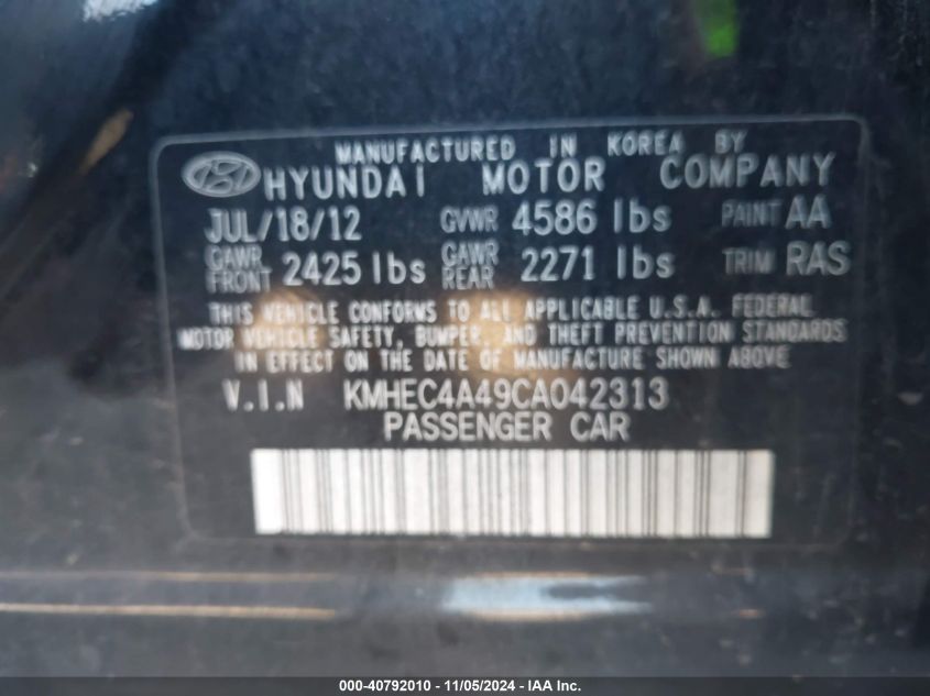 2012 Hyundai Sonata Hybrid VIN: KMHEC4A49CA042313 Lot: 40792010