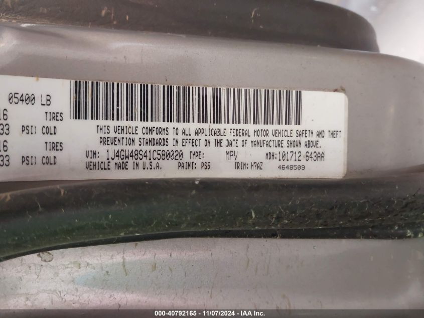 2001 Jeep Grand Cherokee Laredo VIN: 1J4GW48S41C580020 Lot: 40792165