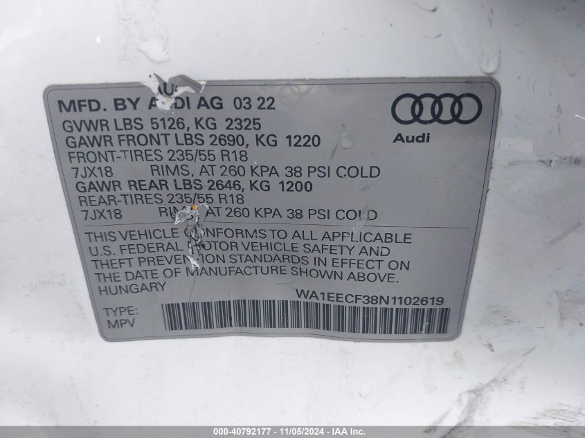 2022 Audi Q3 Premium Plus 45 Tfsi S Line Quattro Tiptronic VIN: WA1EECF38N1102619 Lot: 40792177