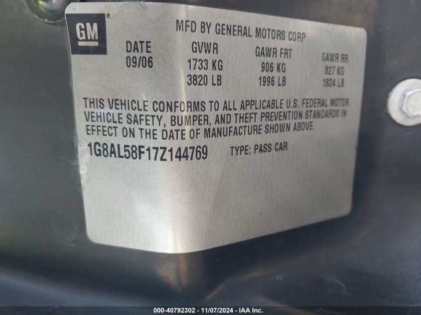 2007 Saturn Ion 3 VIN: 1G8AL58F17Z144769 Lot: 40792302