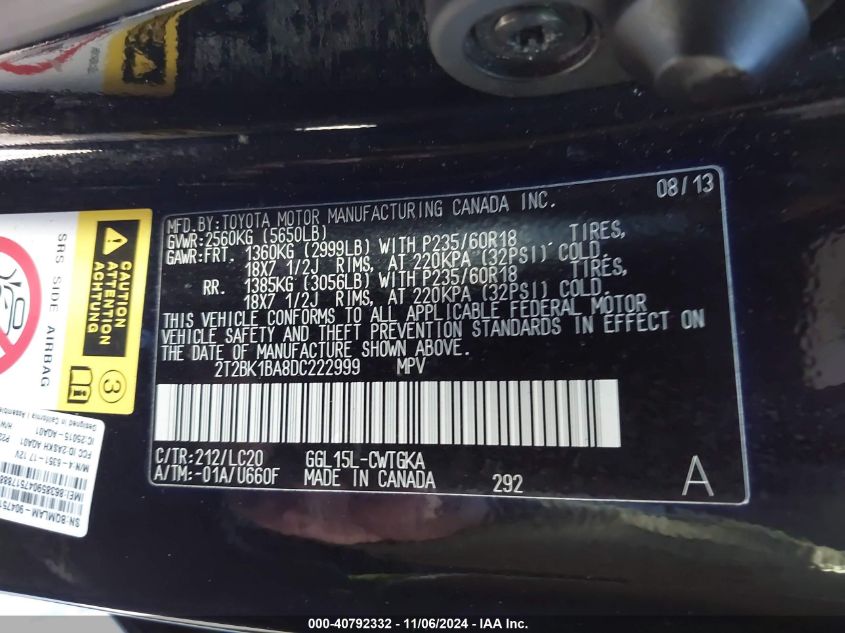 2013 Lexus Rx 350 VIN: 2T2BK1BA8DC222999 Lot: 40792332