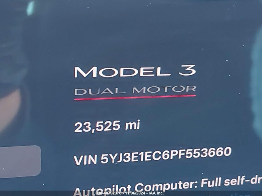 2023 Tesla Model 3 Performance Dual Motor All-Wheel Drive VIN: 5YJ3E1EC6PF553660 Lot: 40792376