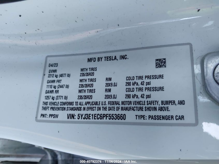 2023 Tesla Model 3 Performance Dual Motor All-Wheel Drive VIN: 5YJ3E1EC6PF553660 Lot: 40792376