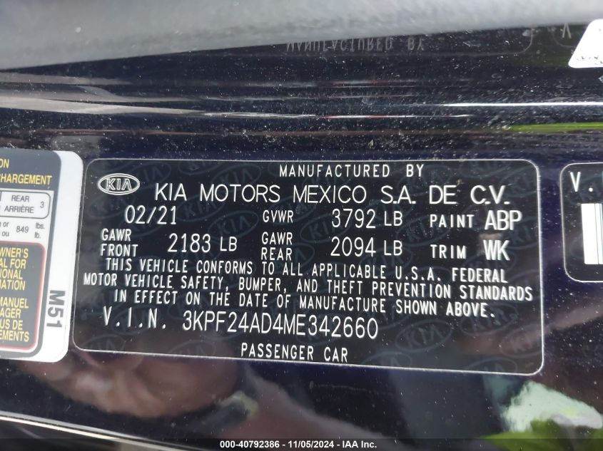 2021 Kia Forte Lxs VIN: 3KPF24AD4ME342660 Lot: 40792386