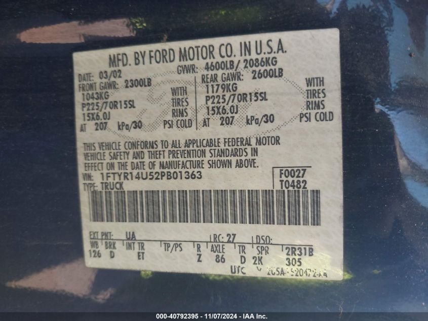 2002 Ford Ranger Edge/Tremor/Xl/Xlt VIN: 1FTYR14U52PB01363 Lot: 40792395