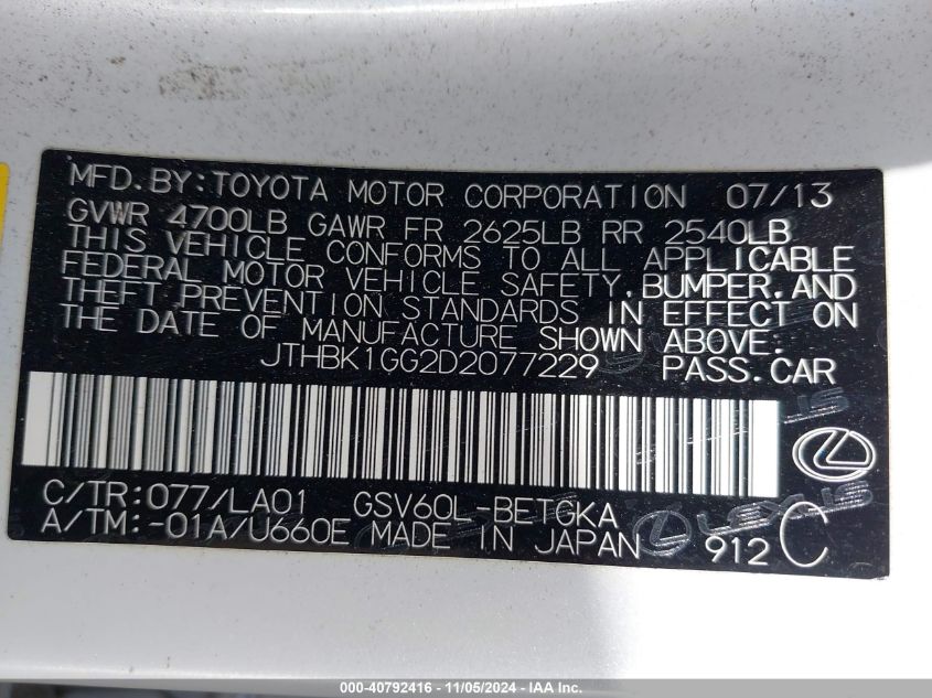 2013 Lexus Es 350 VIN: JTHBK1GG2D2077229 Lot: 40792416