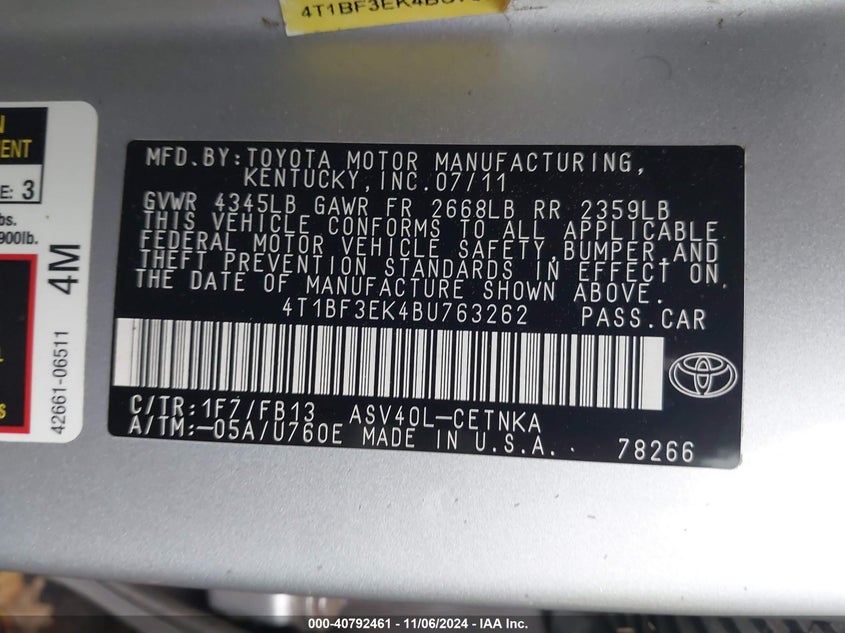 2011 TOYOTA CAMRY VIN: 4T1BF3EK4BU763262