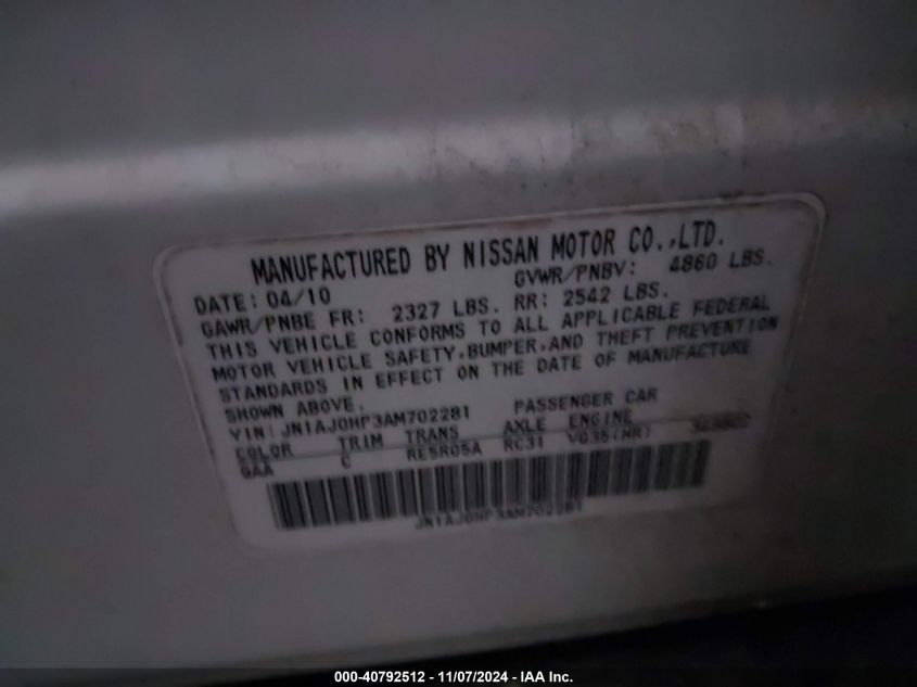 2010 INFINITI EX35 VIN: JN1AJ0HP3AM702281