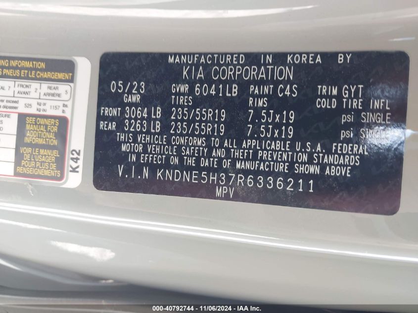 2024 Kia Carnival Mpv Sx Prestige VIN: KNDNE5H37R6336211 Lot: 40792744