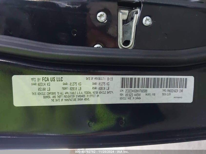 VIN 2C3CDXHG9KH706589 2019 DODGE CHARGER GT RWD