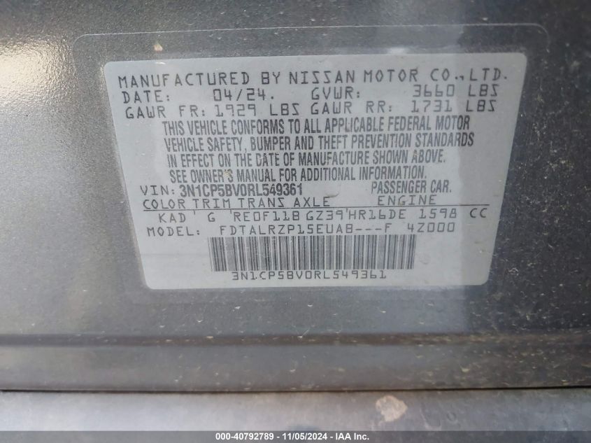 2024 Nissan Kicks S Xtronic Cvt VIN: 3N1CP5BV0RL549361 Lot: 40792789