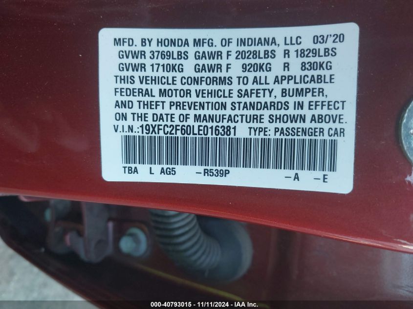 2020 Honda Civic Lx VIN: 19XFC2F60LE016381 Lot: 40793015