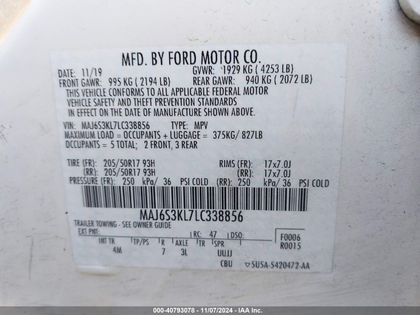 2020 Ford Ecosport Titanium VIN: MAJ6S3KL7LC338856 Lot: 40793078