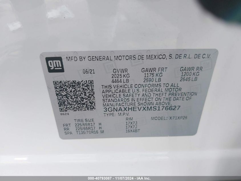 2021 Chevrolet Equinox Fwd Ls VIN: 3GNAXHEVXMS176627 Lot: 40793087