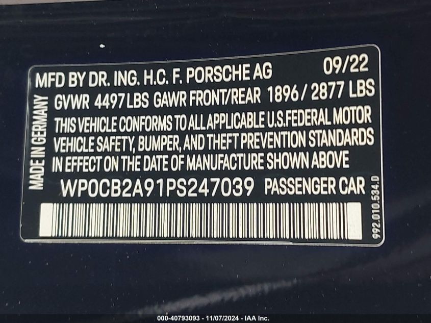 2023 Porsche 911 Carrera 4 Gts /Carrera 4S /Carrera Gts /Carrera S VIN: WP0CB2A91PS247039 Lot: 40793093