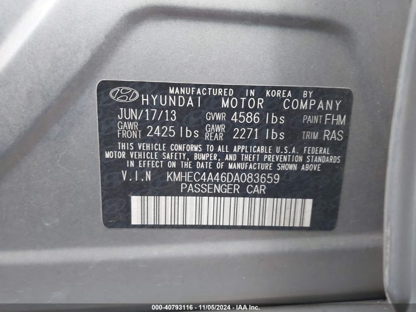 2013 Hyundai Sonata Hybrid Limited VIN: KMHEC4A46DA083659 Lot: 40793116