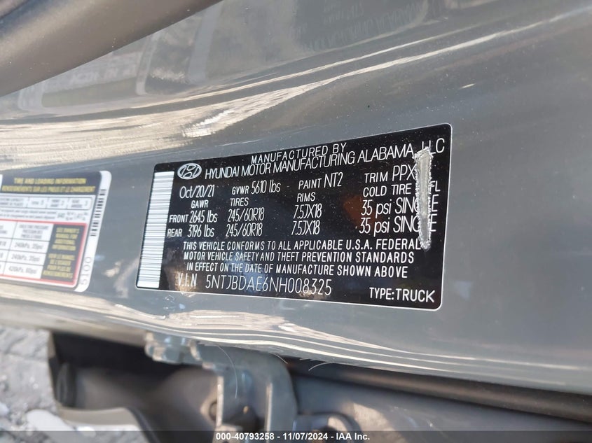 VIN 5NTJBDAE6NH008325 2022 HYUNDAI SANTA CRUZ SEL