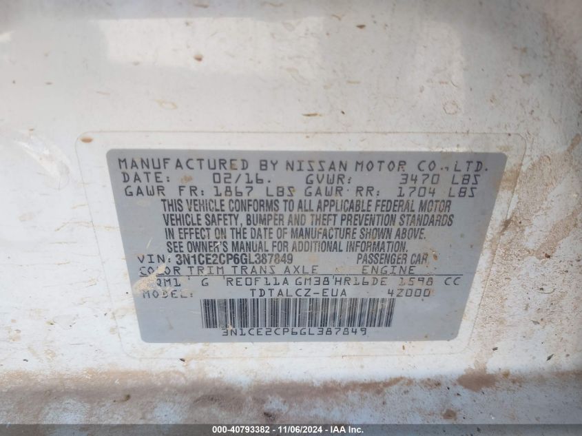 VIN 3N1CE2CP6GL387849 2016 Nissan Versa, Note S Plus no.9