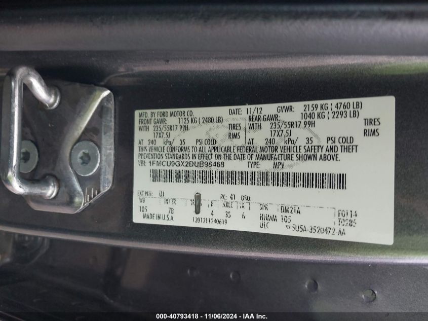 VIN 1FMCU9GX2DUB98468 2013 Ford Escape, SE no.9