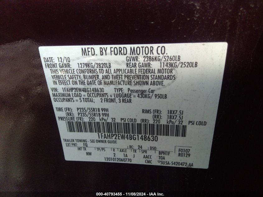 2011 Ford Taurus Sel VIN: 1FAHP2EW4BG148630 Lot: 40793455