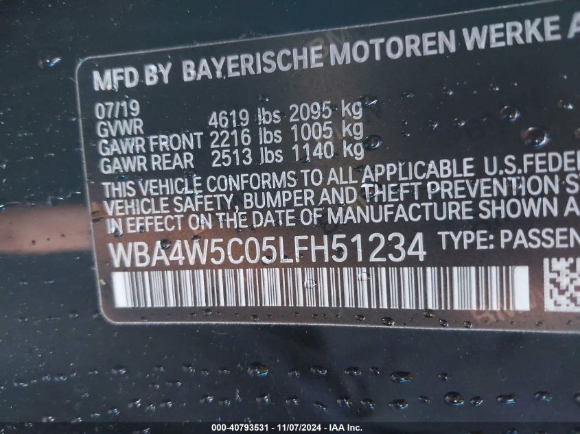 2020 BMW 430I xDrive VIN: WBA4W5C05LFH51234 Lot: 40793531