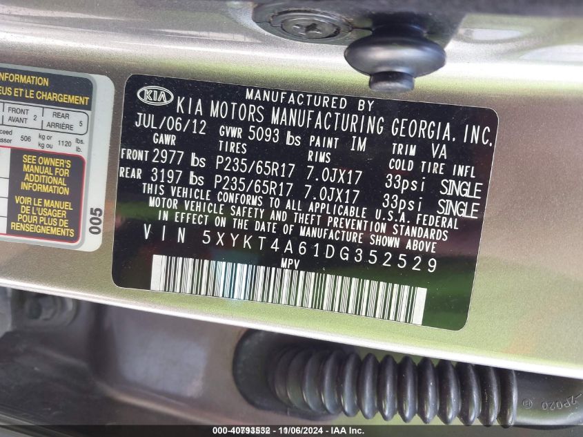 2013 Kia Sorento Lx VIN: 5XYKT4A61DG352529 Lot: 40793532