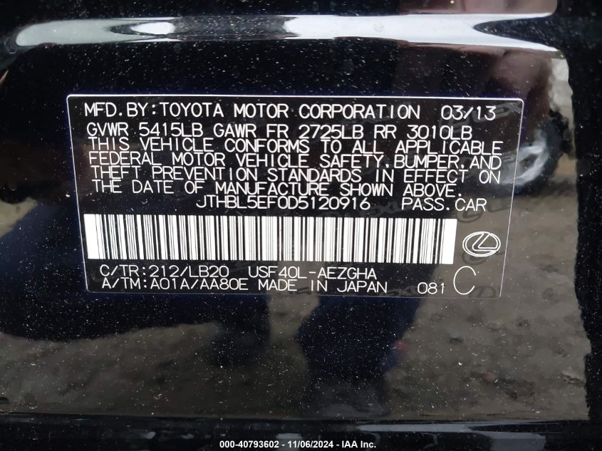 2013 Lexus Ls 460 VIN: JTHBL5EF0D5120916 Lot: 40793602