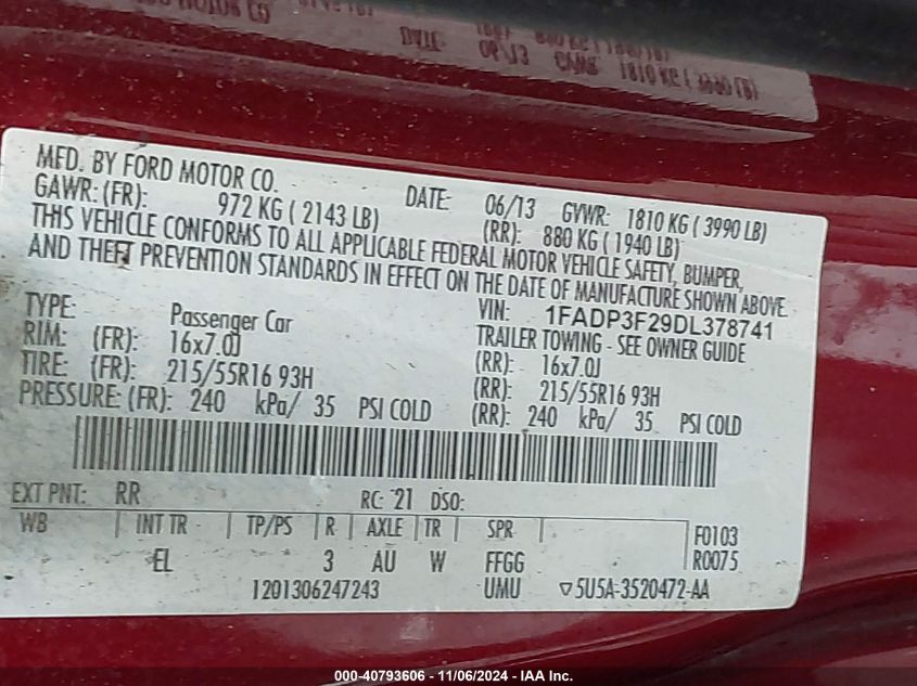 2013 FORD FOCUS SE - 1FADP3F29DL378741