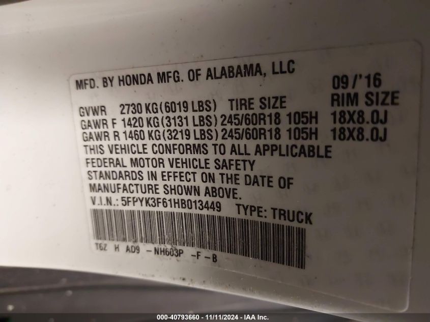 VIN 5FPYK3F61HB013449 2017 Honda Ridgeline, Rtl-T no.9