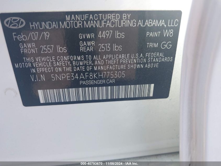 VIN 5NPE34AF8KH775305 2019 HYUNDAI SONATA SEL