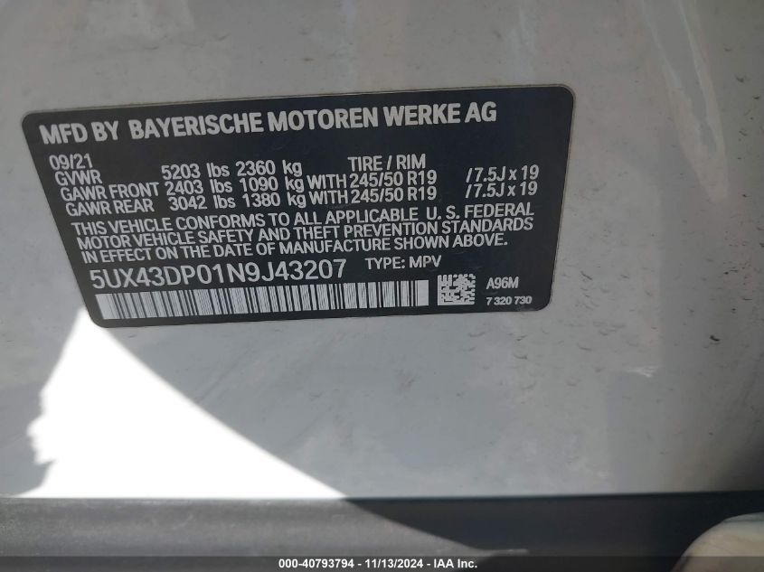 2022 BMW X3 Sdrive30I VIN: 5UX43DP01N9J43207 Lot: 40793794