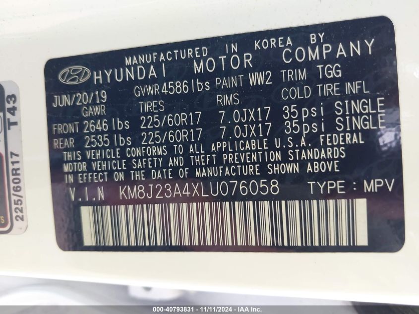 VIN KM8J23A4XLU076058 2020 HYUNDAI TUCSON SE