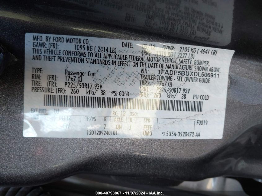 2013 Ford C-Max Hybrid Sel VIN: 1FADP5BUXDL506911 Lot: 40793867