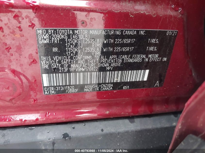 VIN 2T3F1RFV9MW176822 2021 TOYOTA RAV4 no.9