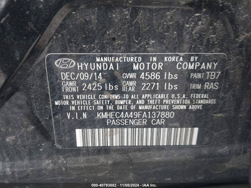 2015 Hyundai Sonata Hybrid VIN: KMHEC4A49FA137880 Lot: 40793882