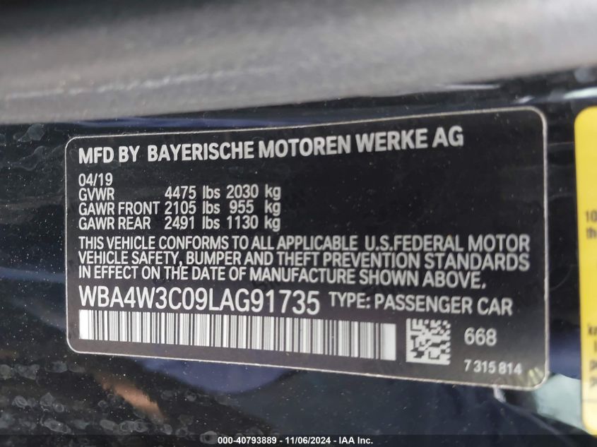 2020 BMW 430I VIN: WBA4W3C09LAG91735 Lot: 40793889