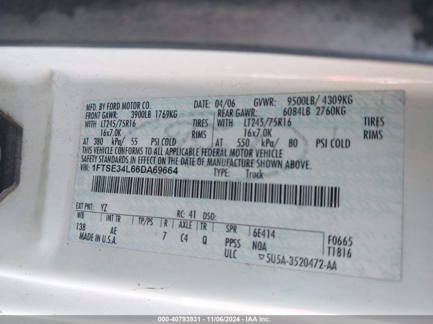2006 Ford E-350 Super Duty Commercial/Recreational VIN: 1FTSE34L66DA69664 Lot: 40793931